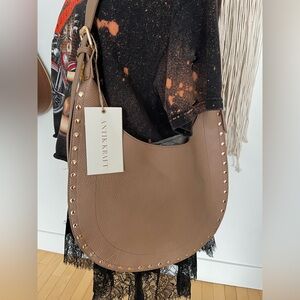 Antik Kraft Taupe Studded Crescent Shoulder Bag